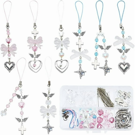 1 Box 154Pcs DIY 8 Sets Phone Charm Making Kit Cute Bowknot Knot Wing Heart Beads Phone Charms Phone Keychain Charm Cell Phone Charm DIY