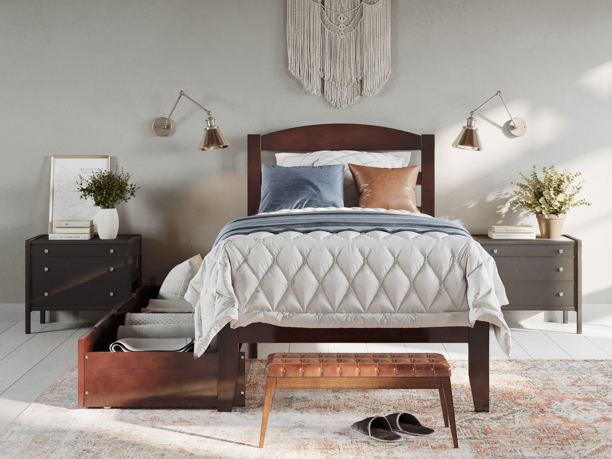AFI Warren 14" Twin Wood Platform Bed Frame with Set of 2 Storage Drawers, Walnut