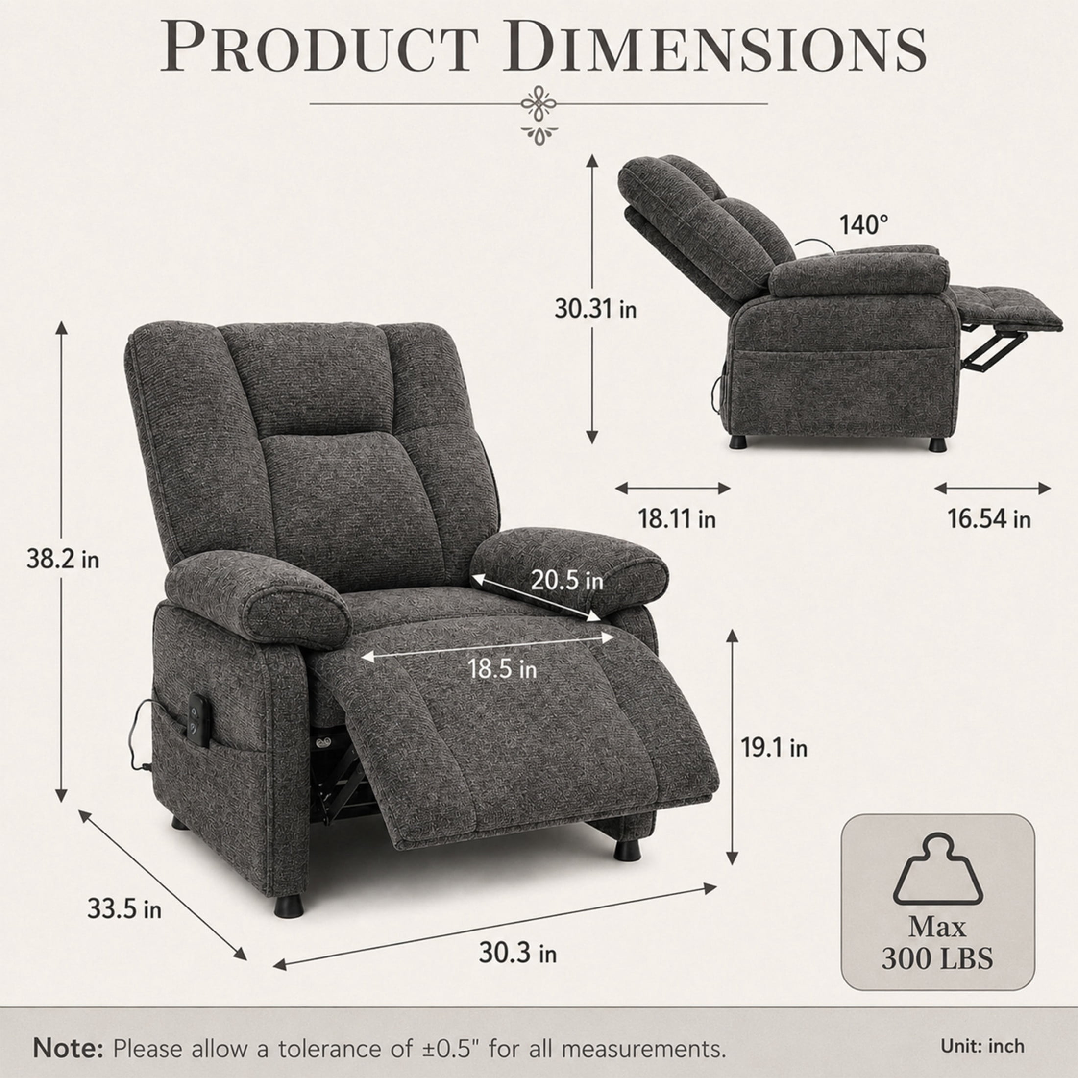 GDF Studio Rosane Electric Power Recliner Chair with Side Storage Pocket, Chenille Multi-Scene Lounge Chair, Dark Grey