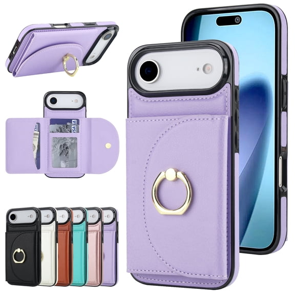 Kryonix for iPhone 17 Air Case Wallet, 360 ° Rotation Ring Kickstand, RFID Blocking Card Slots Holder, Magnetic Clasp Flip PU Leather Fashion Shockproof Cover,Beige/Pink/Black