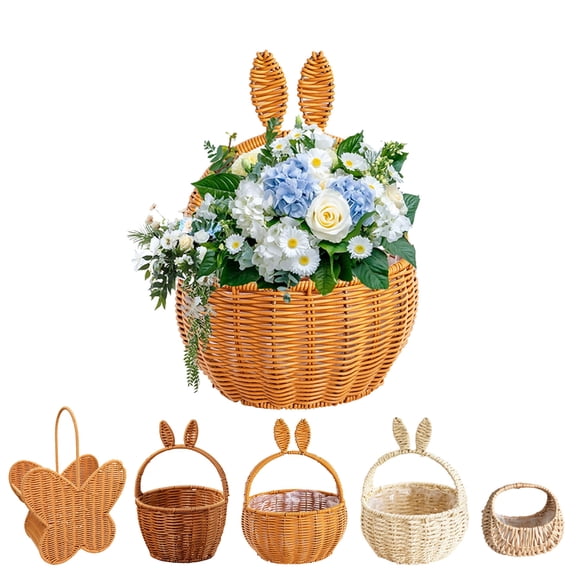 KOYPTL Easter Bunny Baskets for Toddlers Kids,Woven Wicker Basket with Rabbit Ears Handles,Imitation Rattan Flower Baskets,Portable Easter Candy/Eggs Storage Basket Farmhouse Empty Picnic Baskets