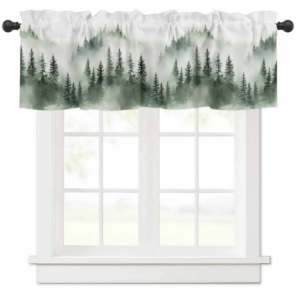 Foggy Forest Valances for Windows Farmhouse Kitchen Curtains Valances Rod Pocket Valance Curtains for Kitchen Windows Green Mist Mountain Natural Landscape Window Valances for Bathroom 42"x12"