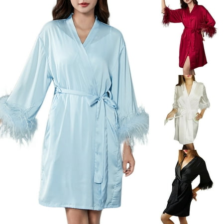 

Women Satin Kimono Robe Bath Robe with Ostrich Feather Trim Sleepwear Pajamas Wedding Bridesmaid Robe