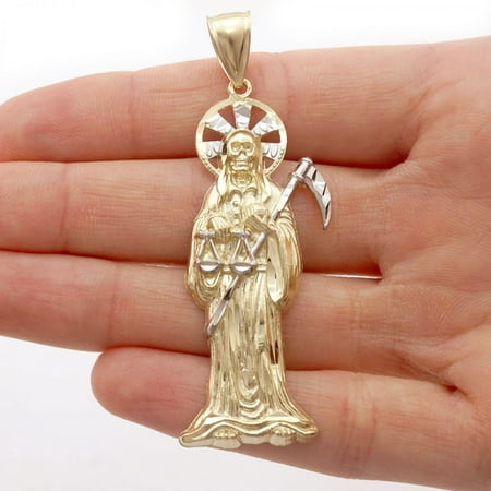 - 10k Yellow Gold Santa Muerte Grim Reaper Death Diamond Cut Charm Pendant 2.36