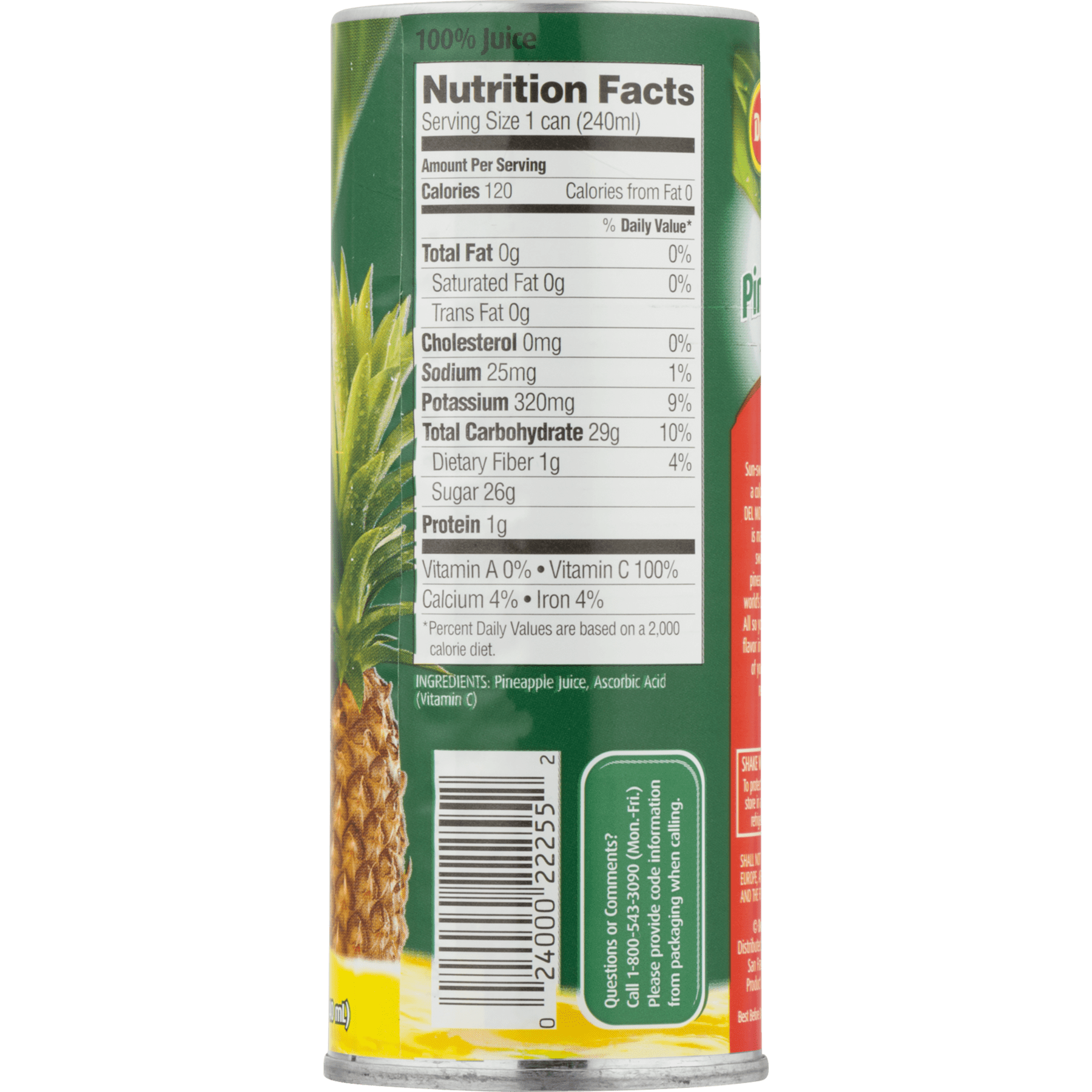 (5 pack) Del Monte 100% Juice, Pineapple, 8.1 fl oz can, Not From Concentrate