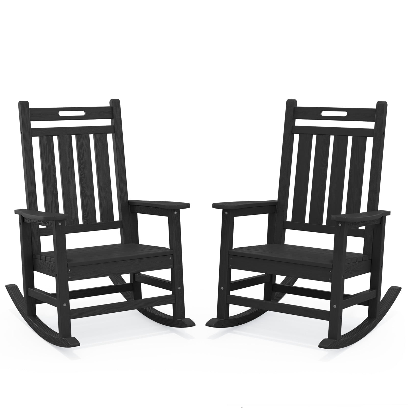 LOYALICE 2PC HDPE Outdoor Rocking Chair for Porch Patio, All-Weather High Back Rocker with Wood-Grain Texture, Heavy-Duty Deck Garden Seating, Fade-Resistant & Easy to Clean,Black