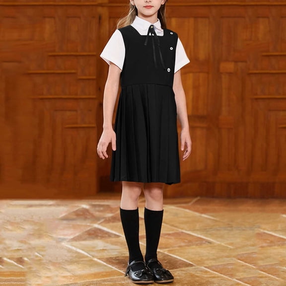 Spazoro Girls School Uniform Sets, Solid Collar Spring Summer Short Sleeve Shirts  Dress  Necktie 3PC Outfit Sets for Kids Black Size 3-4 T
