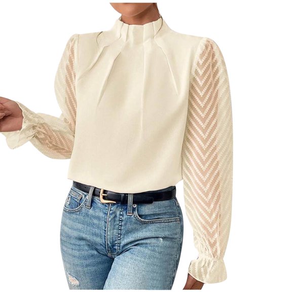 Hvot&aat Women's Elegant Pleated Mock Neck Blouse Casual Solid Fall Mesh Long Sleeve Loose Office Work Shirts Tops