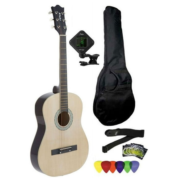 Fever 3/4 Size Acoustic Guitar Package Natural with Gig Bag, Guitar Tuner, Picks and Strap, FV-030-NT-PACK