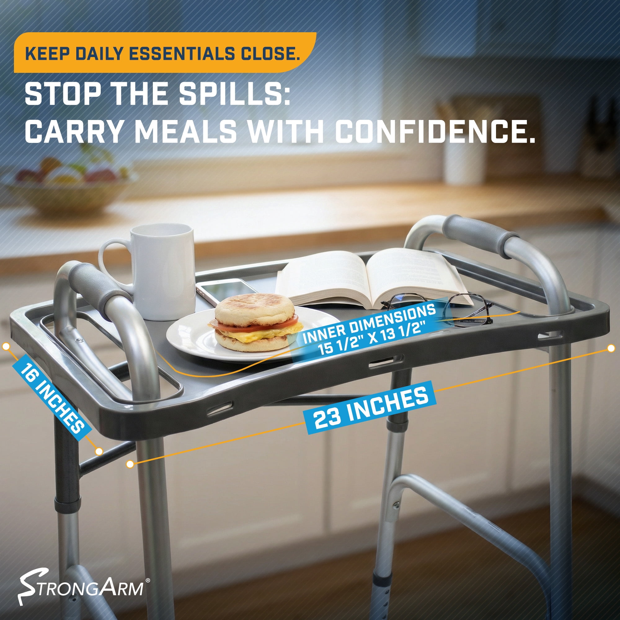 StrongArm Walker Tray with Cup Holder, Fits Most Standard Folding Walkers, Gray