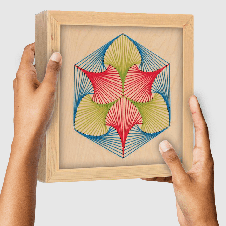 Wood Stitched String Art Kit with Hexagon Flower, wooden stitchery