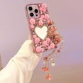 thumbnail image 6 of for iPhone 16 Pro Max Case Bling Diamond Case with Flower Strap, Glitter Sparkle Girly Heart Makeup Mirror Rhinestone 3D Pearl Rose Wrist Lanyard Bracelet Cover for iPhone 16 Pro Max (Pink), 6 of 12