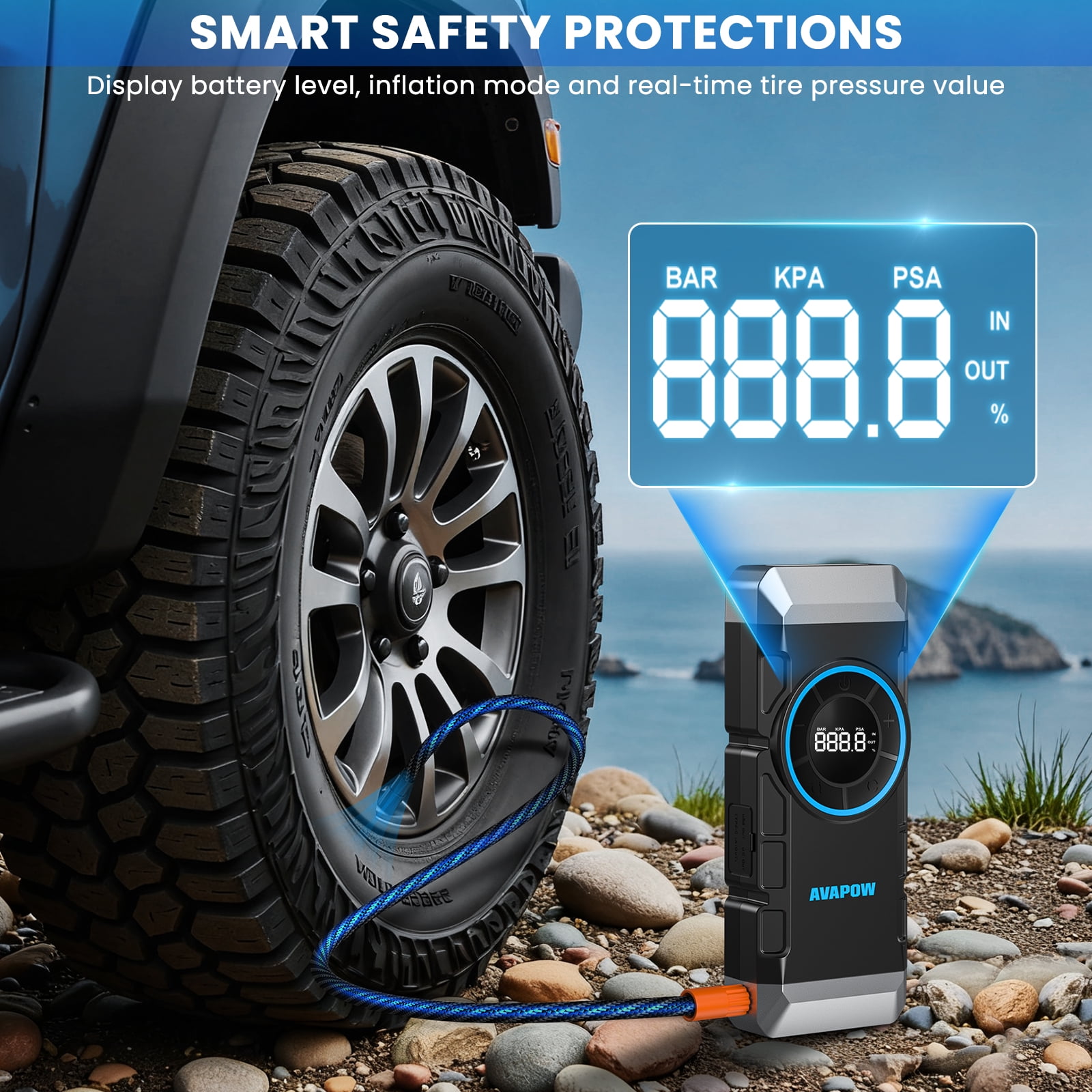 AVAPOW 4000A Jump Starter with Air Compressor, 150 PSI Tire Inflator, Car Battery Booster for 10.0L Gas & 8.0L Diesel, 12V Portable Emergency Tool with LED Light