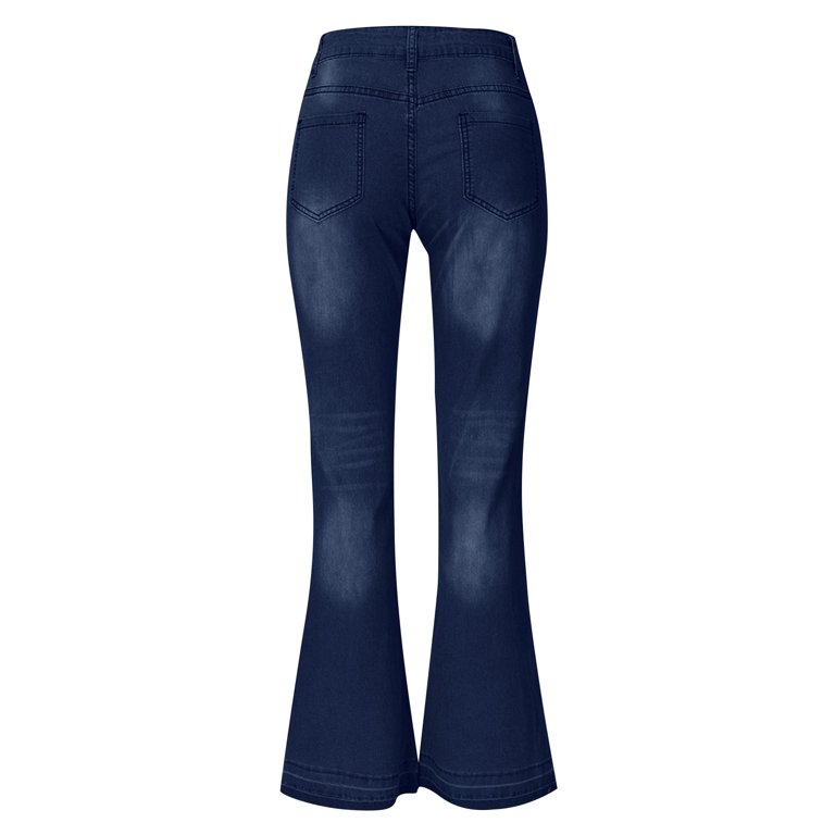 Flygo Women's Elastic Waist Wide Leg Denim Pants - Dark Blue Washed Jeans Culottes, Relaxed Fit