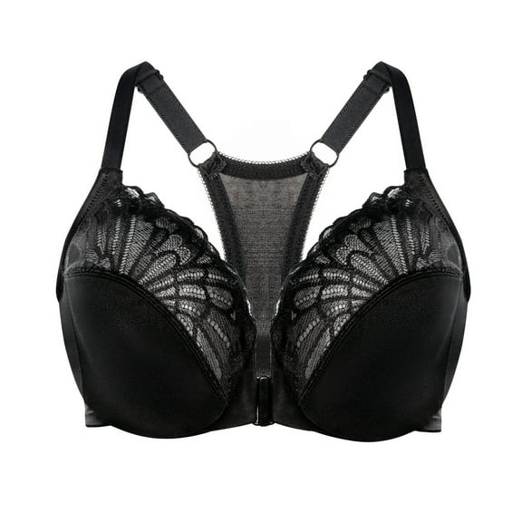 MELENECA Women's Racerback Front Closure Lace Unlined Plus Size Full Coverage Underwire Bra Black 32D
