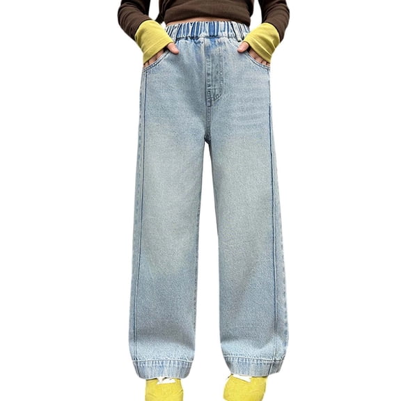 LIIPEE Baggy Jeans For Girls Casual Distressed Elastic Waist Wide Leg Comfortable Trousers With Pockets Kids Breathable Fashion Cute Denim Pants,11-12 Years