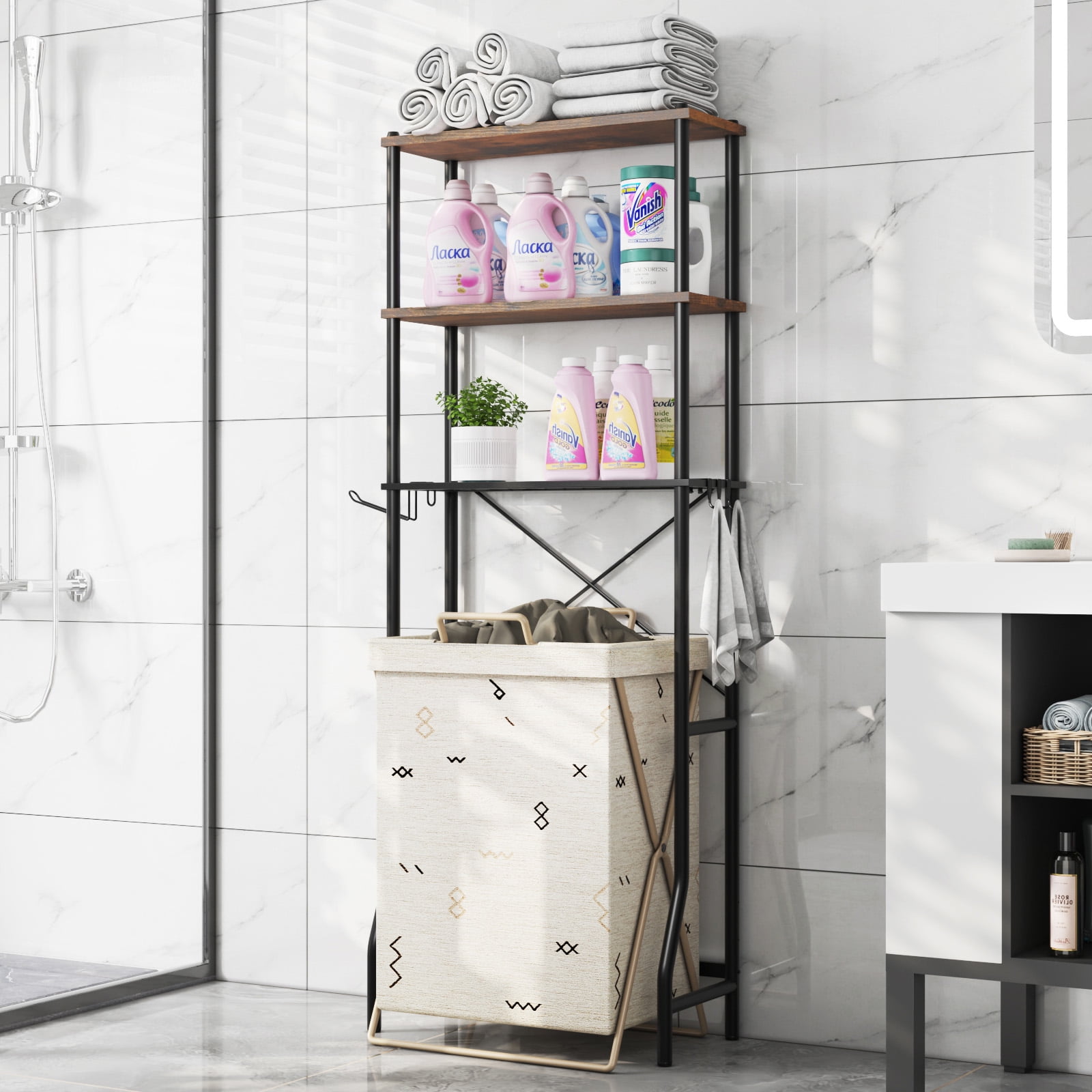 Capri 3-Shelf Over the Toilet Storage, Freestanding Wooden Bathroom Organizers and Storage Shelf, Metal Frame, Space Saver, Rustic Brown
