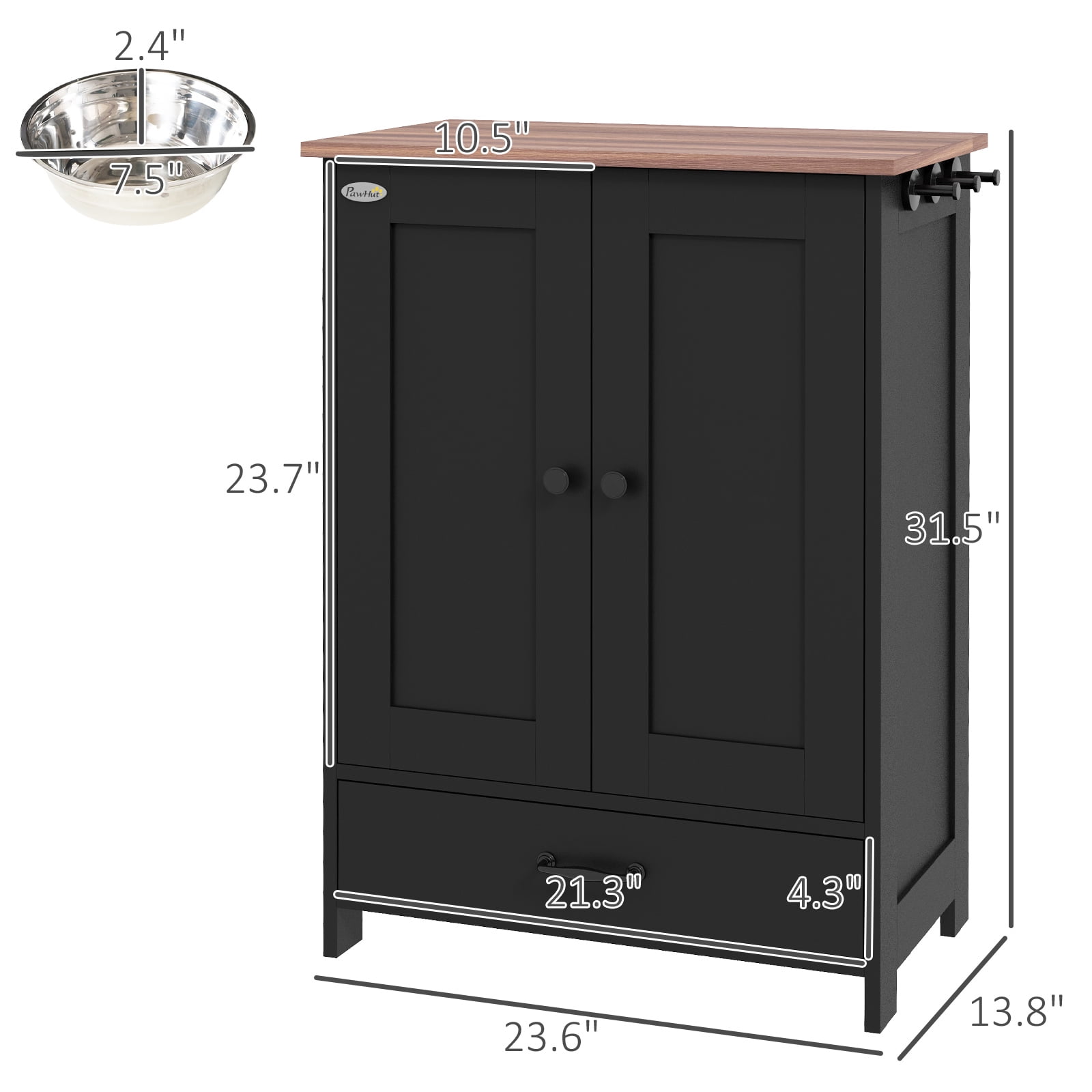 E-Western Dog Feeding Station with Hidden Bowls, Adjustable Storage Cabinet, Hooks for Medium Dogs, Black