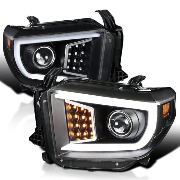 Spec-D Tuning Matte Black Projector Headlights w/ LED Light Bar Compatible with 2014-2021 Toyota Tundra, Left   Right Pair Headlamps Assembly
