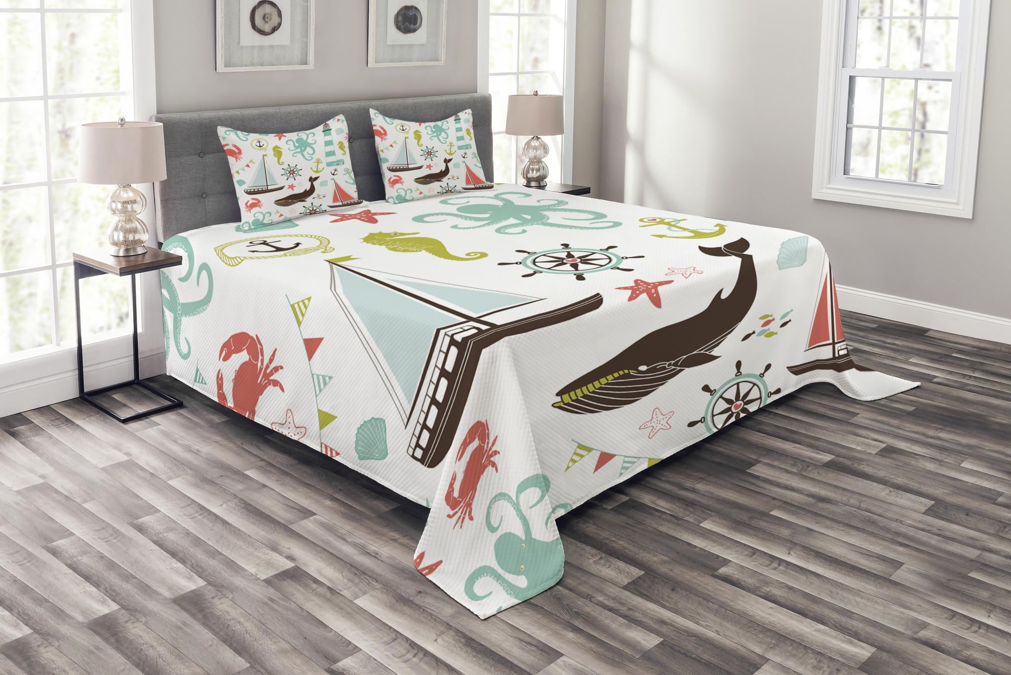 Nautical Bedspread Set King Size, Pastel Colored Composition of