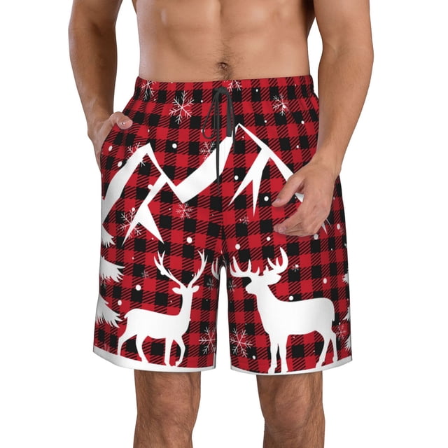 Fotbe Christmas Buffalo Plaid Trajes de Baño Estampados para Hombre, Shorts de Verano de Secado Rápido, Ropa de Playa, Bañadores-Small