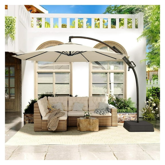 Outdoor Patio Umbrella with Base Includeds, 10 FT Cantilever Umbrella withstands Wind and Weather, Sturdy Sun Shade Hanging Umbrella for Deck, Pool, 240G/, UPF50 , Class 4 color fastness Champagne