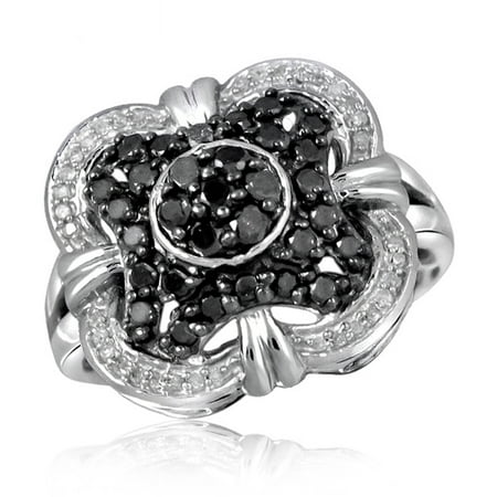 JewelersClub 1.00 CTW Round cut Black & White Diamond Clover Sterling Silver Ring