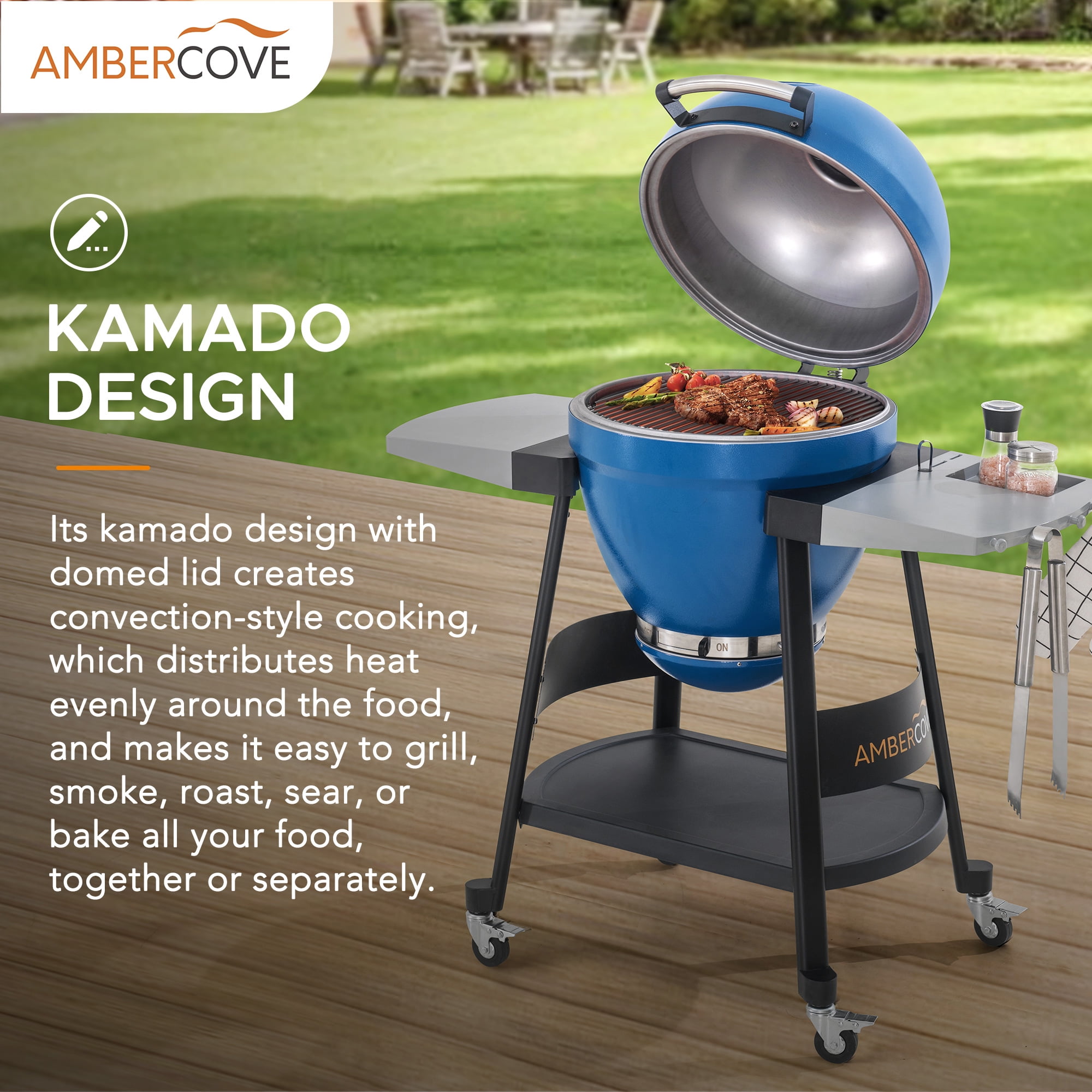 AmberCove 20-inch Kamado BBQ & Smoker, Portable Outdoor Grill with