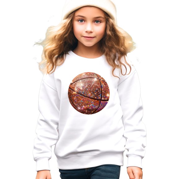 Basketball Faux Glitter Sweatshirt for Girls Trendy Girly Baseketball Player Pullover White Sweatshirt Youth X-Small