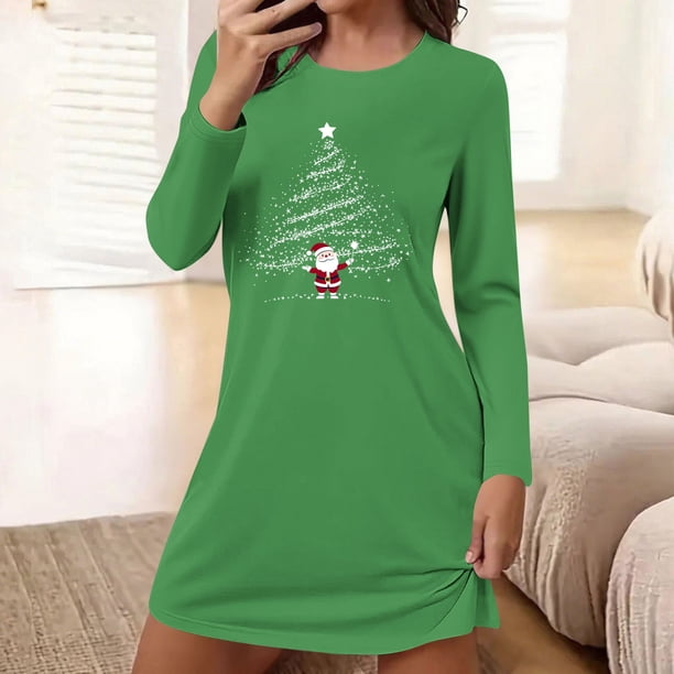 Camisón corto holgado y cómodo con cuello redondo y manga larga estampado para mujer