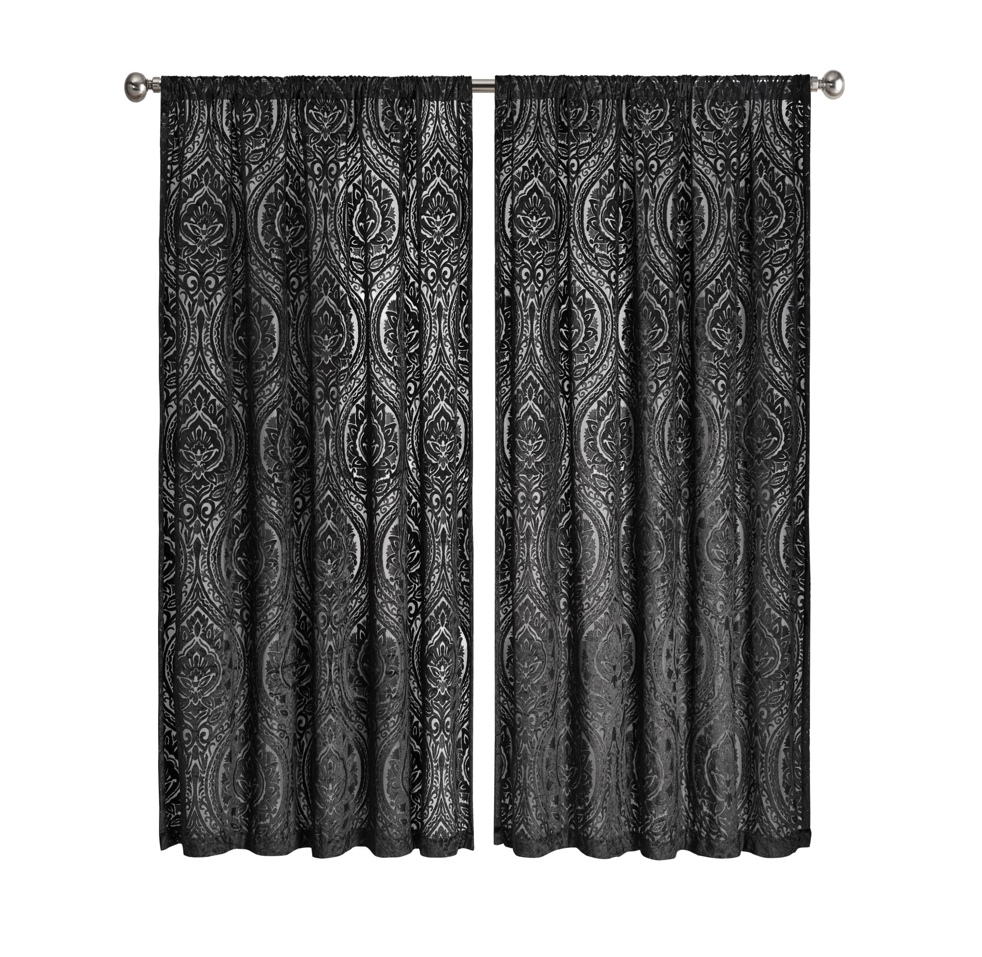 Mainstays Velvet Sheer Ogee Burnout Rod Pocket Single Curtain Panel, 54" x 84", Black