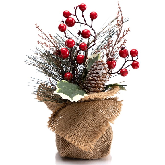 Árbol de Navidad LOHASBEE Mini de 27 cm con bayas rojas y piña de pino