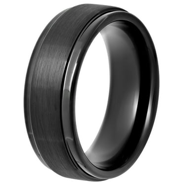 Men's Black Tungsten Step Edge Satin Comfort Fit 8MM Wedding Band - Mens Ring