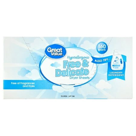 Great Value Free & Delicate Hypoallergenic Dryer Sheets, 160 Count