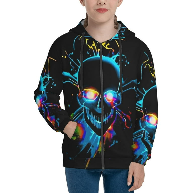 Kids/Youth Full-Zip Hoodie Hooded, Neon Skeleton Teenage Zip Kids/Youth Full-Zip Hoodie Hooded, Neon Skeleton Teenage Zip