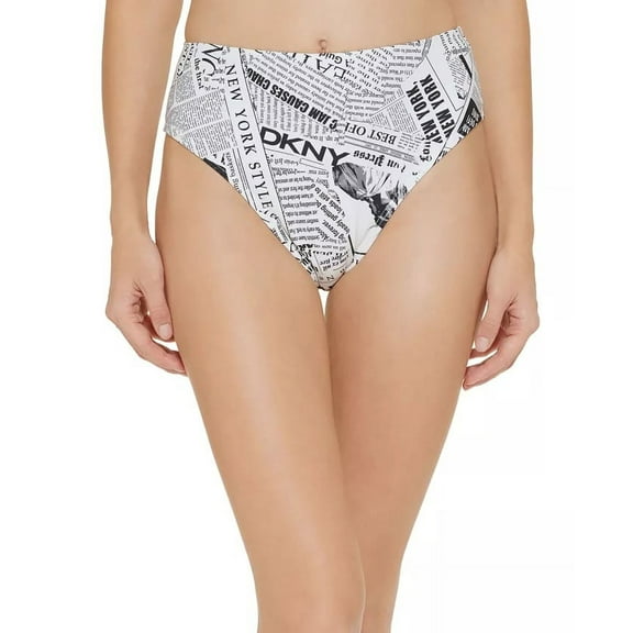 DKNY WHITE/BLACK Printed High-Rise Bikini Swim Bottom, US X-Small