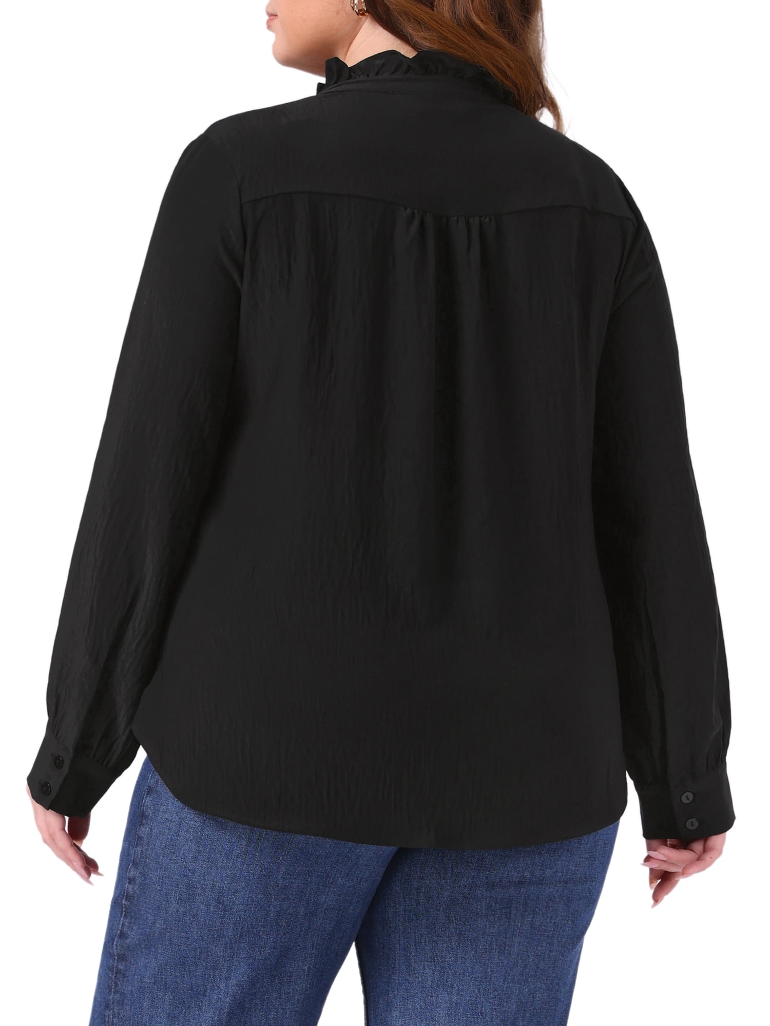 DARING DIVA Women's Plus Work Office Button Down Shirt Ruffle Stand Collar 2X Black