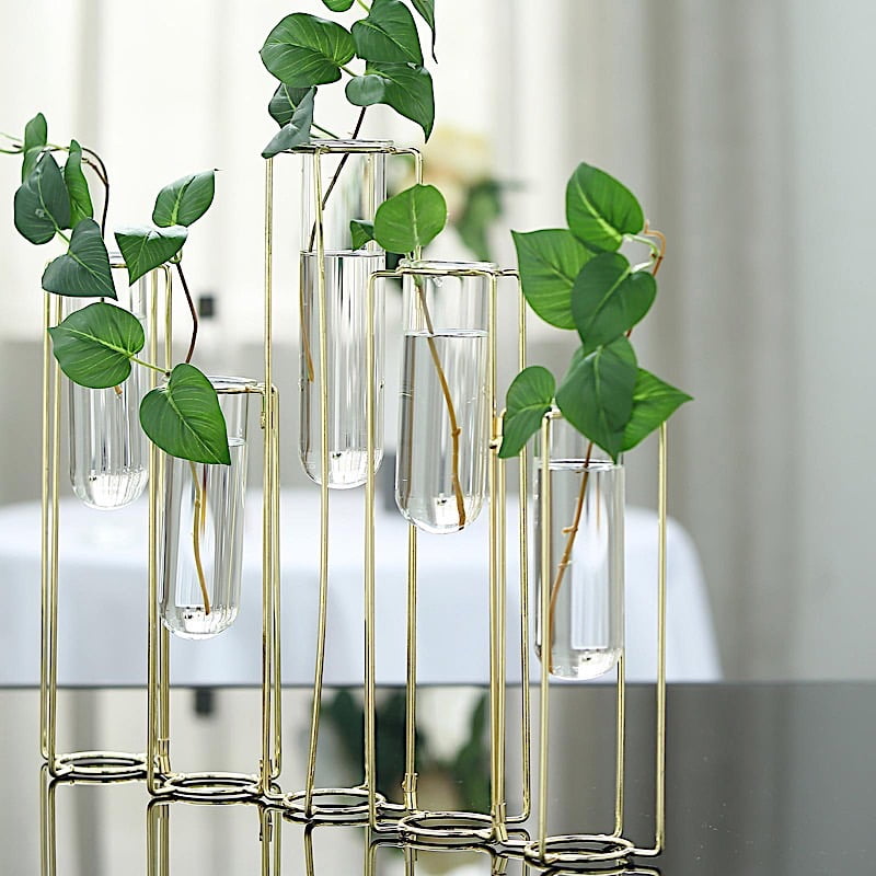 BalsaCircle 14" 5 Gold Jointed Geometric Flower Vase Holders Glass Test Tubes Wedding Party