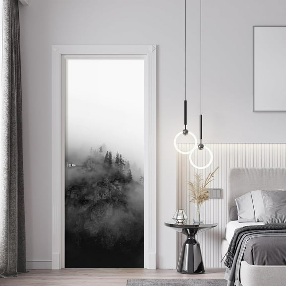 Idea4wall 2pcs Misty Mountain Landscape Black and White Foggy Forest Scene Wall Murals, Removable Self-Adhesive Stick Wallpaper Large Wall Stickers for Home Decorative, 48"x108"