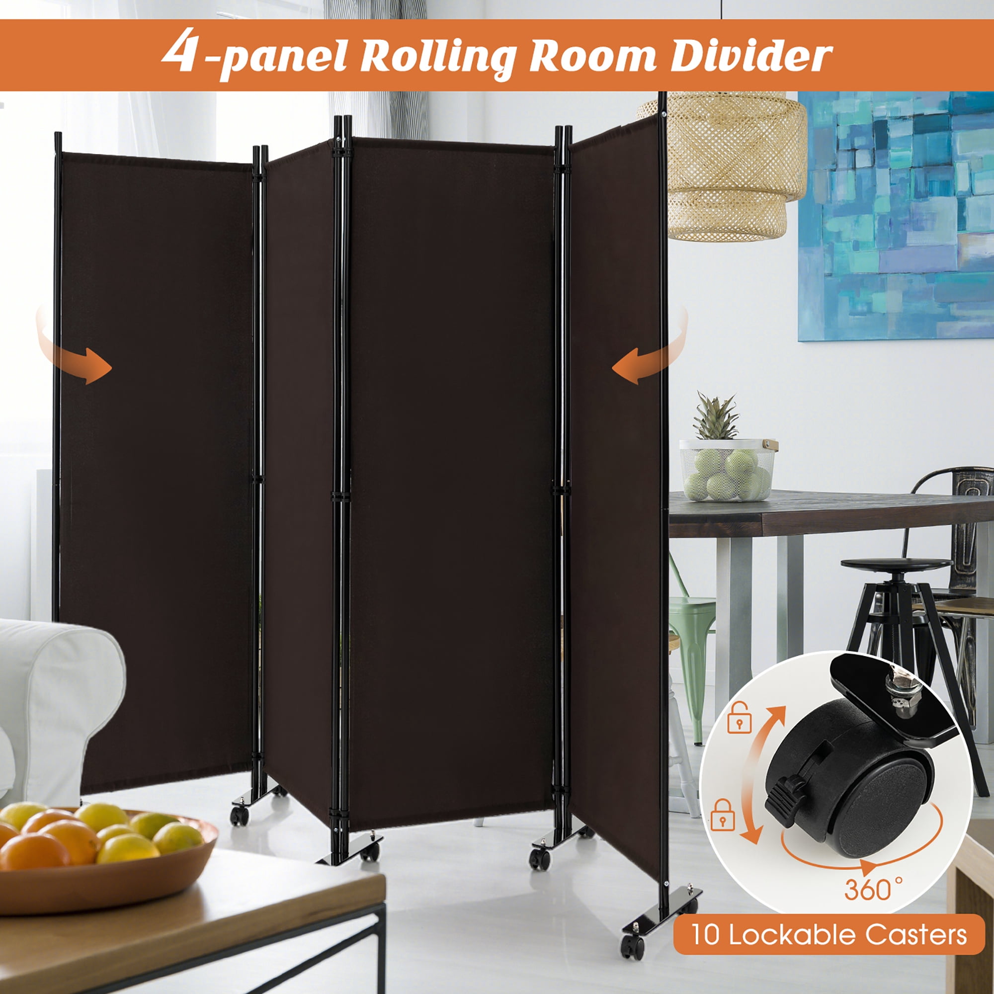 Costway JV10724CF 4-Panel Folding Room Divider 6FT Rolling Privacy Screen with Lockable Wheels, Brown