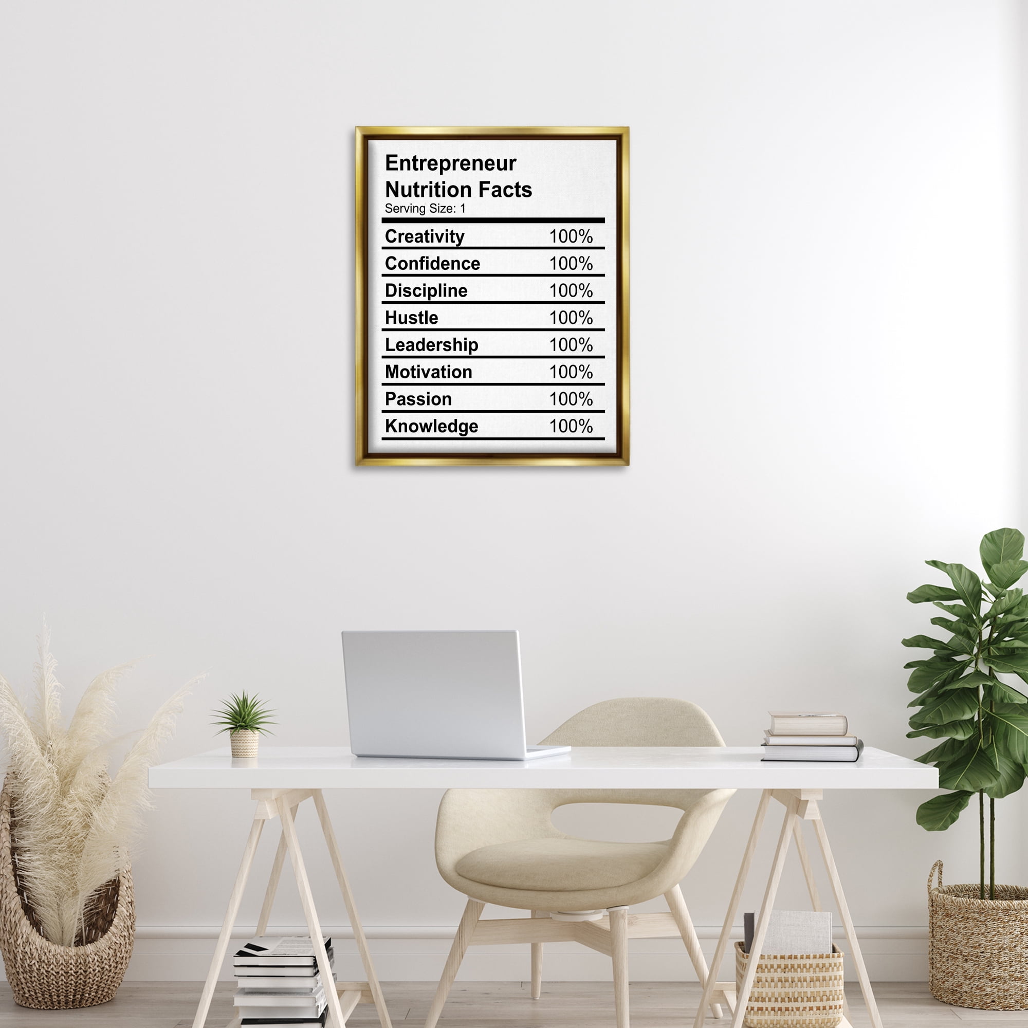 Stupell Industries Sassy Entrepreneur Nutrition Facts Text & Numbers Painting Gold Floater Framed Canvas Art Print Wall Art, 25 x 31