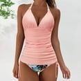 thumbnail image 2 of Enjoytime Women V Neck One Piece Swimsuit With Bottom Halter Backless Ruched Swimwear Tummy Control Bathing Suit, 2 of 7