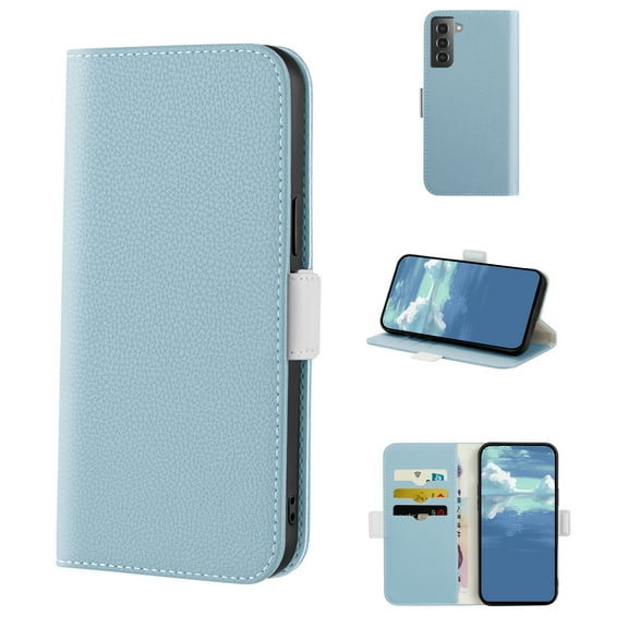 TECH CIRCLE Case for Samsung Galaxy S21 FE,Lychee Texture PU Leather Card Slots Wallet Cover,Magnetic Clasp Flip Kickstand Phone Protective Case,Blue