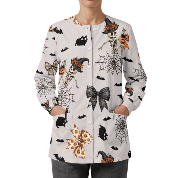 Binienty Halloween Skeleton Medical Scrub Jackets for Women Long Sleeve Fitted Moisture-Wicking Medical Jackets, for Medical Workplace, Wrinkle Free Vet Workers Medical Students Nurse Uniform