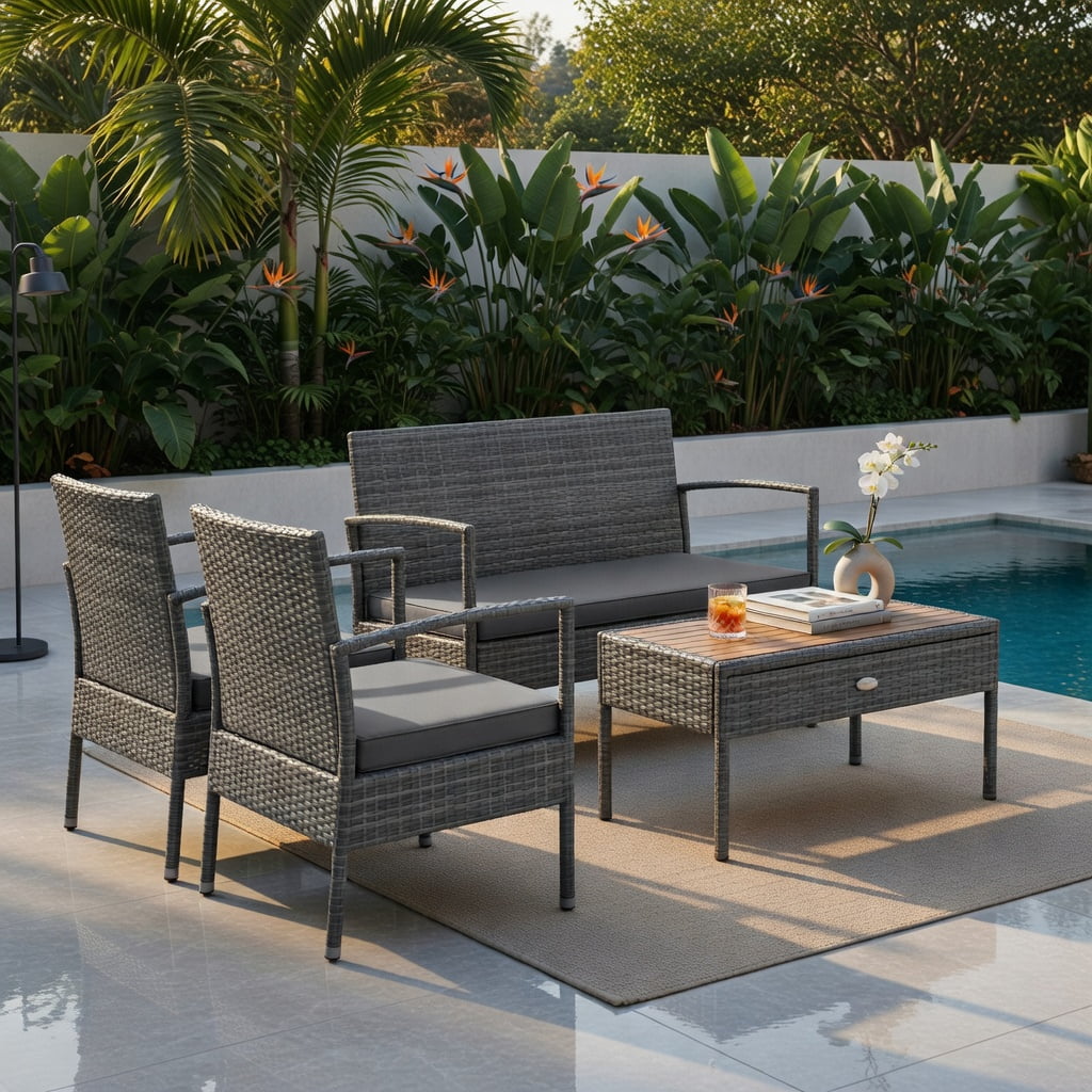 Hommoo 4-Piece Outdoor Patio Furniture Set, Steel Glider Loveseat, Tempered Glass Coffee Table + 2 Spring Rocking Dining Chairs for Backyard, Poolside & Garden, Brown