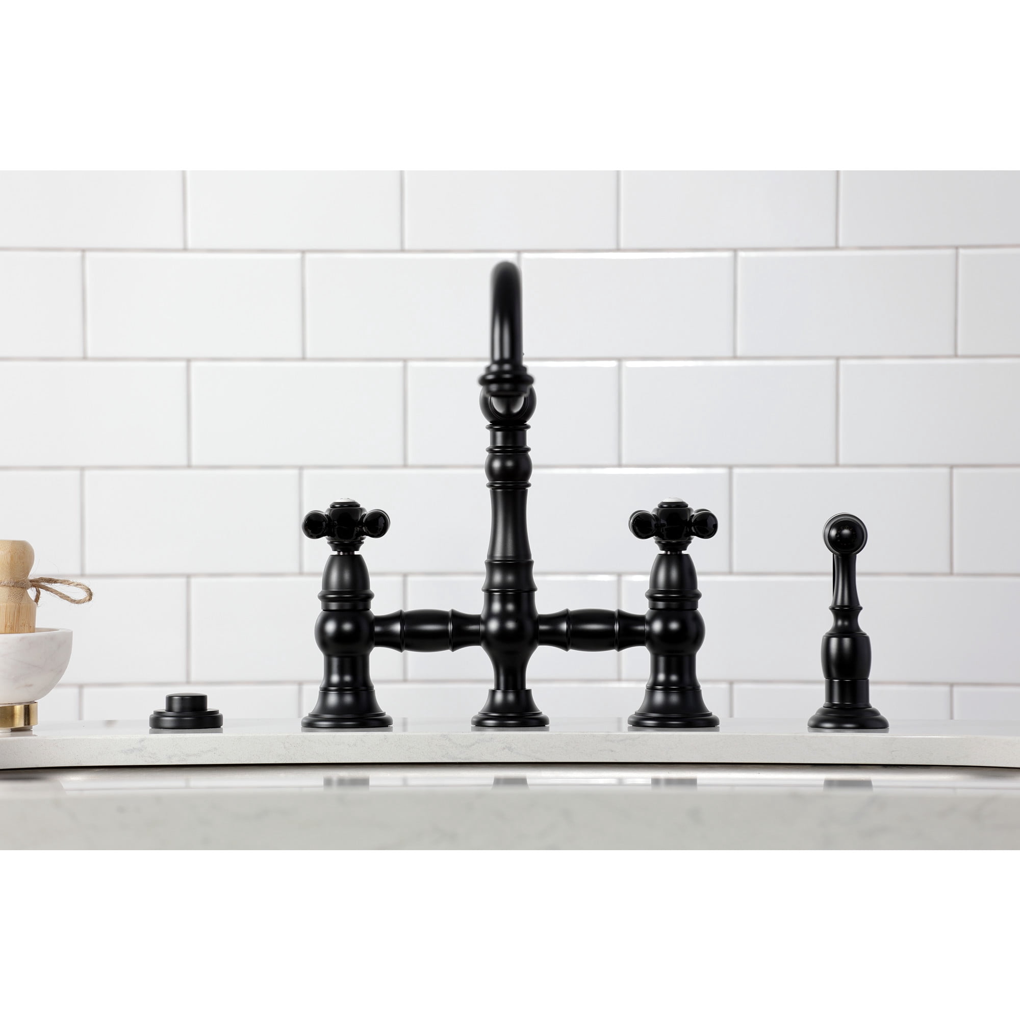 Kingston Brass KS3270PKXBS Duchess Bridge Kitchen Faucet with Brass Side Sprayer, Matte Black