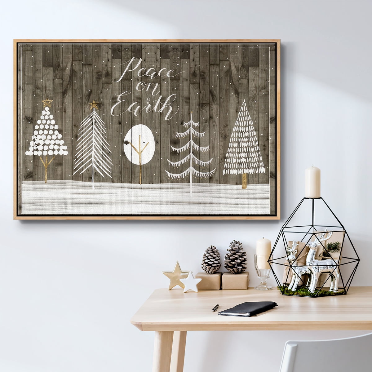Wooded White Christmas Collection A - Framed Gallery Wrapped Holiday Canvas - 17 x 25 - Natural Wood Frame