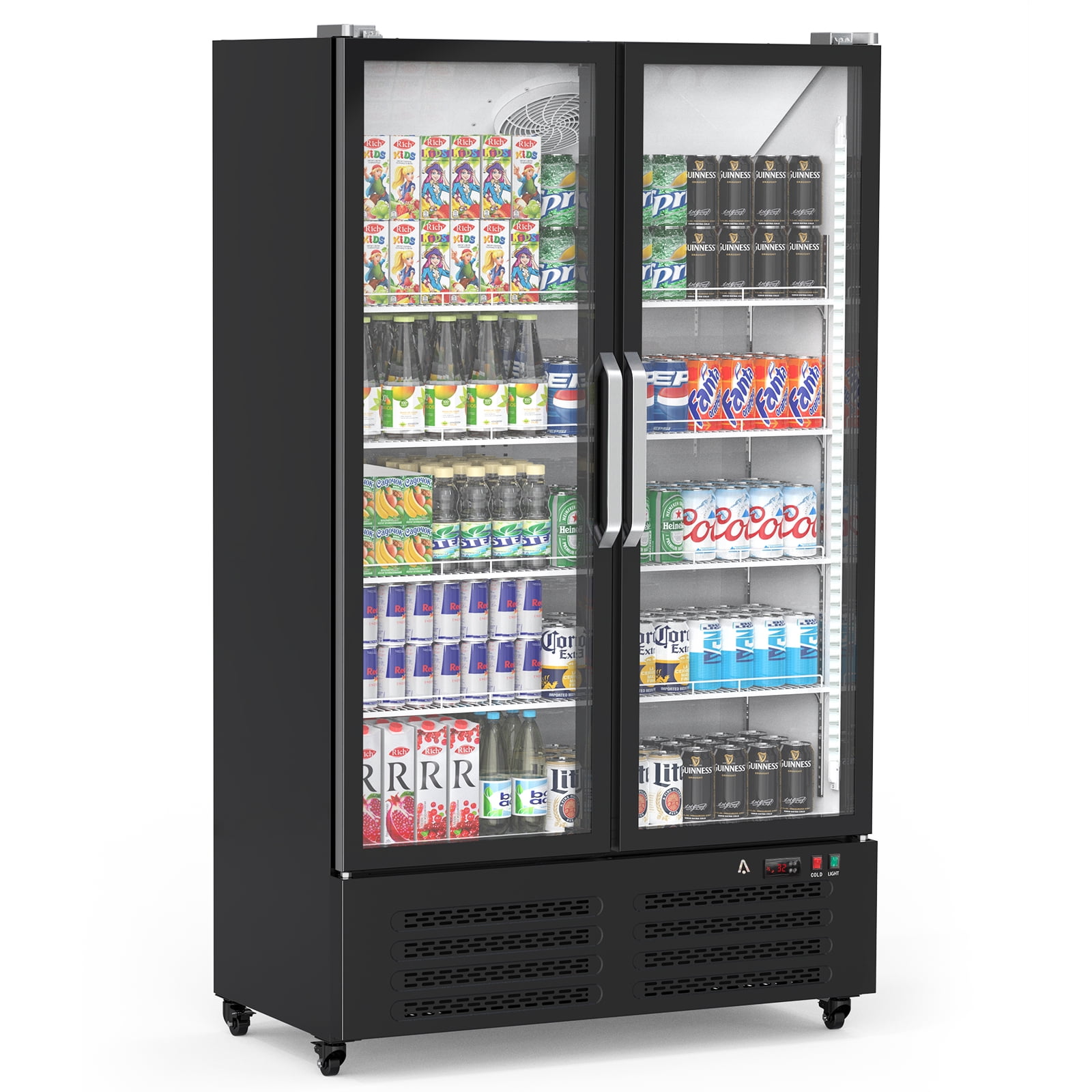 Commercial Refrigerator, 2 Door Display Fridge Merchandiser Upright Beverage Cooler, Double Glass Door Fridge with Adjustable Shelves & Drink Organizers, 25.5 Cu. Ft. Black