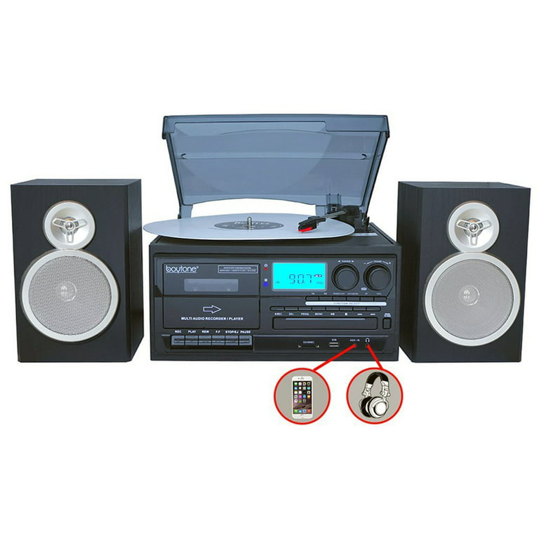 Boytone BT-28SPS, reproductor Bluetooth estilo clásico, grabadora con  tocadiscos, radio AM/FM, cassette, CD, 2 bocinas estéreo separadas, vinilo