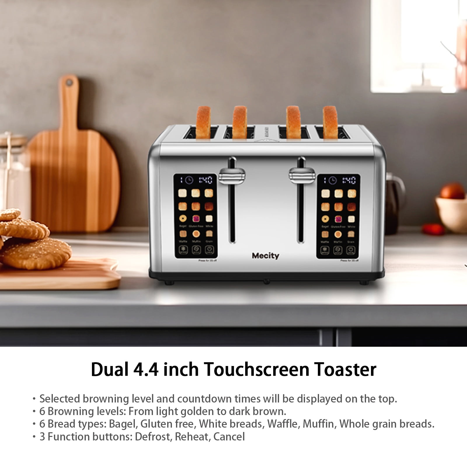 Mecity 4-Slice Touchscreen Toaster with Stainless Steel & 6 Browning Settings, Silver